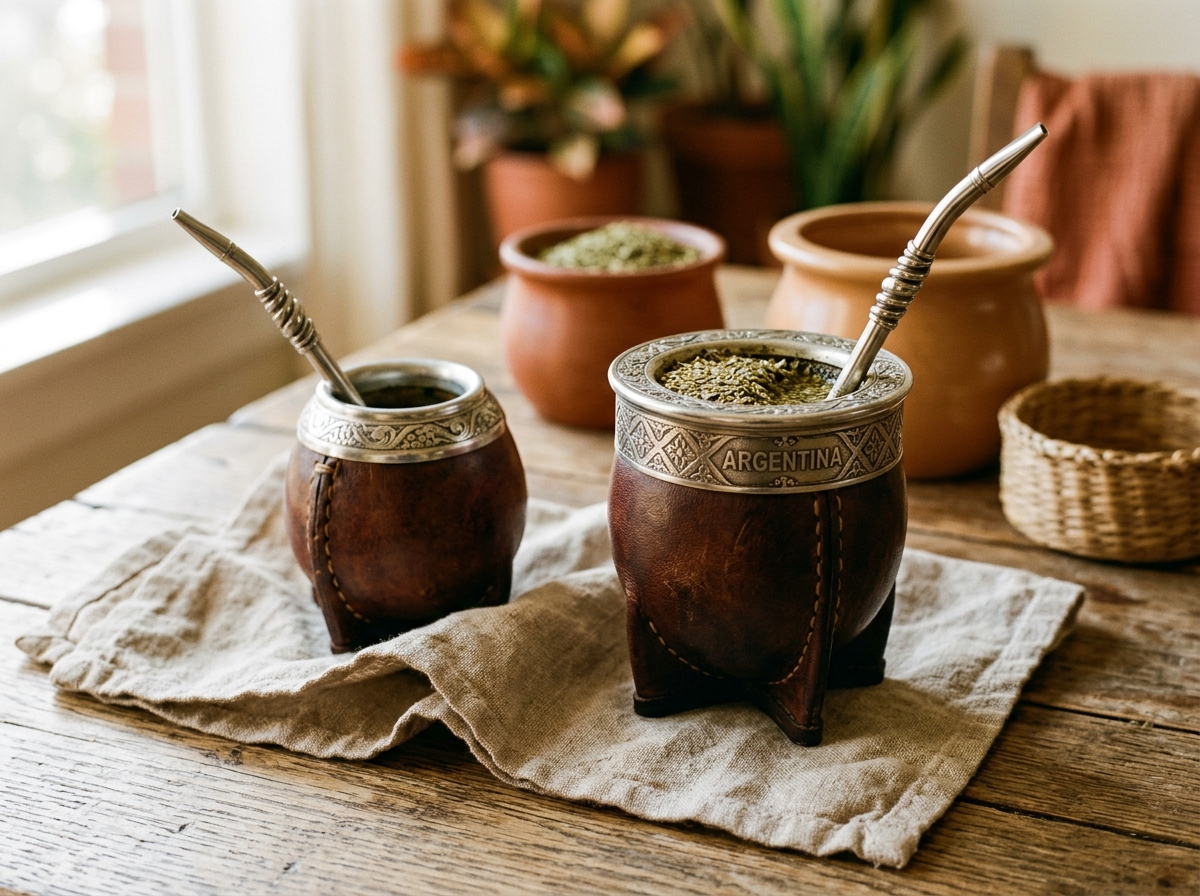 Mates tradicionales de cuero y calabaza con bombillas artesanales sobre mesa de madera