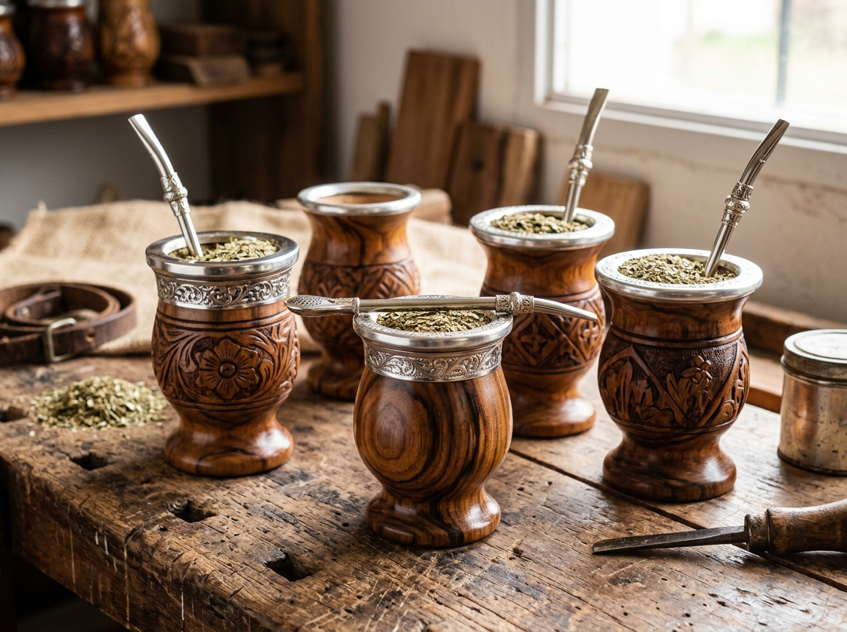 Mates de madera maciza de algarrobo torneados y tallados a mano